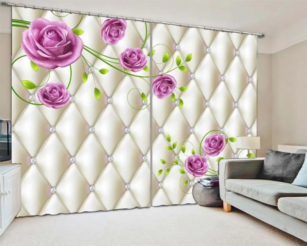 

3D diamond purple rose vine 3D Curtains For Bedroom Kids Living Room Drapes Fabric Polyester Set with Hooks