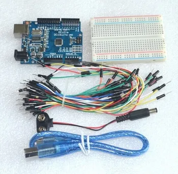 

Starter Kit Uno R3 - Bundle of 5 Items: Uno R3, Breadboard, Jumper Wires, USB Cable and 9V Battery Connector