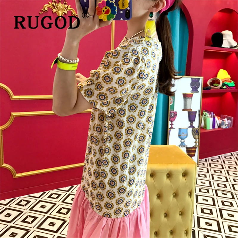 RUGOD модное женское платье в Корейском стиле с геометрическим принтом и круглым вырезом; шикарное платье с оборками и пышными рукавами; милые женские летние платья vestidos