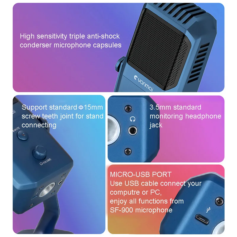 FELYBY SF-900 Condenser Professional Recording USB Microphone for Gaming PodcastingInstrument Picku
