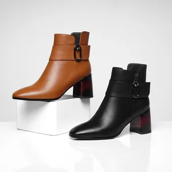 

GPOKHDS 2019 women ankle boots soft Cow leather winter short plush zippers brown color square toe high heels boots size 43