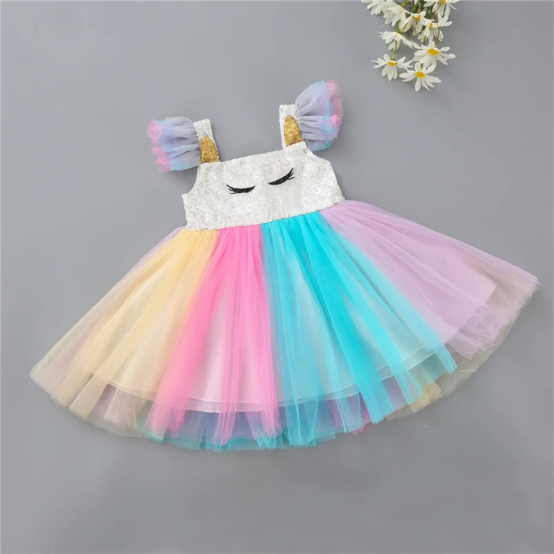 Радужное платье-пачка с блестками; детское летнее платье с единорогом для девочек; детское праздничное свадебное платье; Рождественский костюм принцессы для девочек; vestidos - Цвет: as picture