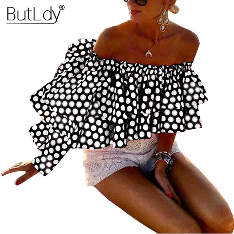  Ruffles Polka Dot Short Shirt Women Sexy Off Shoulder Strapless Crop Tops and Blouses Summer 2019 L