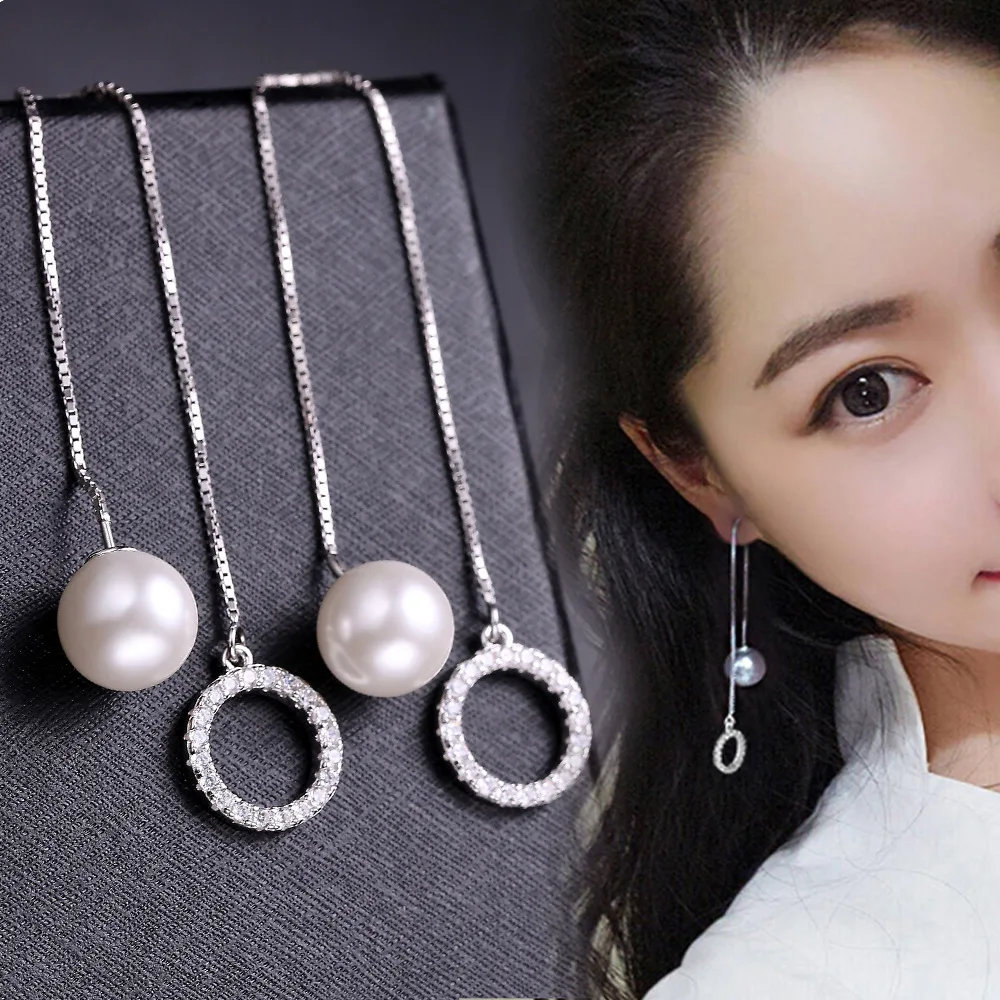 Pearl Long Zircon Earrings Authentic 100 925 Sterling Silver Drop