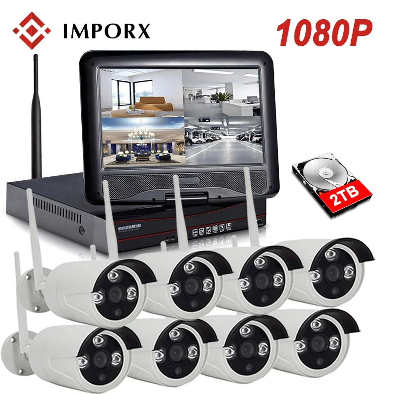 IMPORX 8CH CCTV Системы Беспроводной 1080 P NVR 8 шт. 2.0MP ИК Беспроводной NVR Наборы 10' ЖК-дисплей дисплей HD 2MP открытый безопасности IP