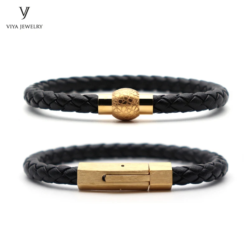 (2 Pcs) Classic Black Leather With Gold Color Magnet & Spring Clasp Men Bracelets Charm Black Cow Braided Men Leather Bracelet