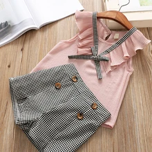 Girls Clothing Sets 2019 New Style Summer Children Clothes Cute Plaid Lace + White Bow Short Pants 2pc Kids Clothes Sets Girls Clothing Sets 2019 New Style Summer Children Clothes Cute Plaid Lace + White Bow Short Pants 2pc Kids Clothes Sets