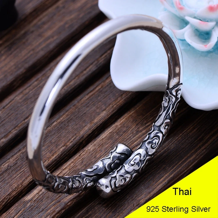 

999 Sterling Silver Vintage Thai Retro Women Mokey King Golden Hoop Open Bracelet & Bangle Jewelry CH054487