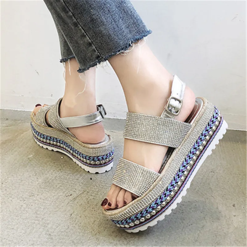 Fashion 2019 Women Wedge Sandals Diamond Bling High Heels Summer...