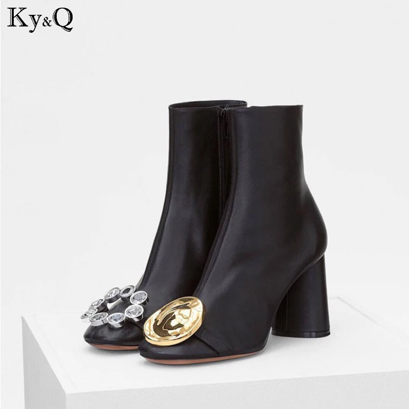 

Newest Gold Buckle Rhinestone Unsymmetrical Ankle Boots Women Round Toe High Heel Shoes Woman Short Boots