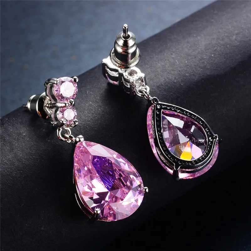 Luxury Female Crystal Water Drop Earrings Fashion 925 Sterling Silver Dangle Earrings Pink Blue Purple Earrings For Women