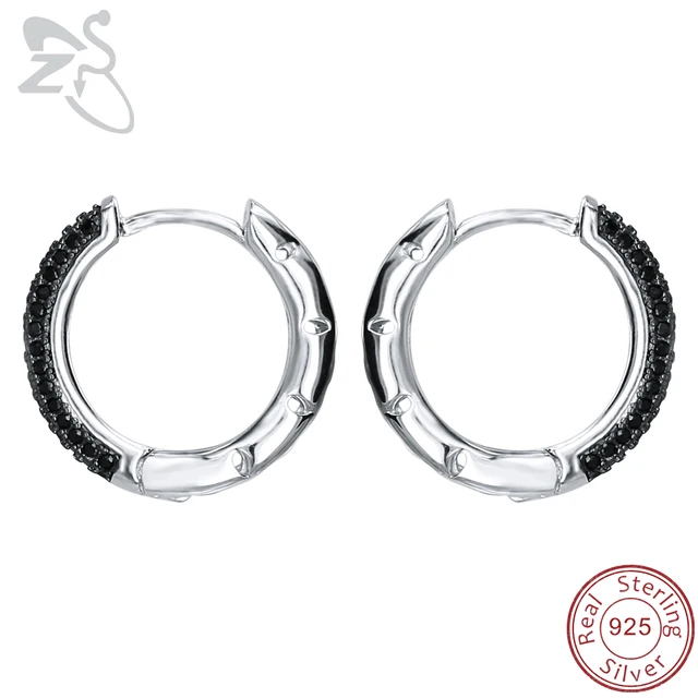 Zs 925 Sterling Silver Hoop Earrings Round Paved Black Crystal Zs 925 Sterling Silver Hoop Earrings Round Paved Black Crystal Zirconia For Women Huggie