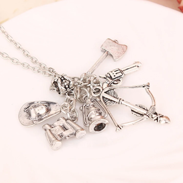 

The Walking Dead necklace vintage Zombie hat telescope bow and arrow gun axe water bottle pendant for men and women wholesale