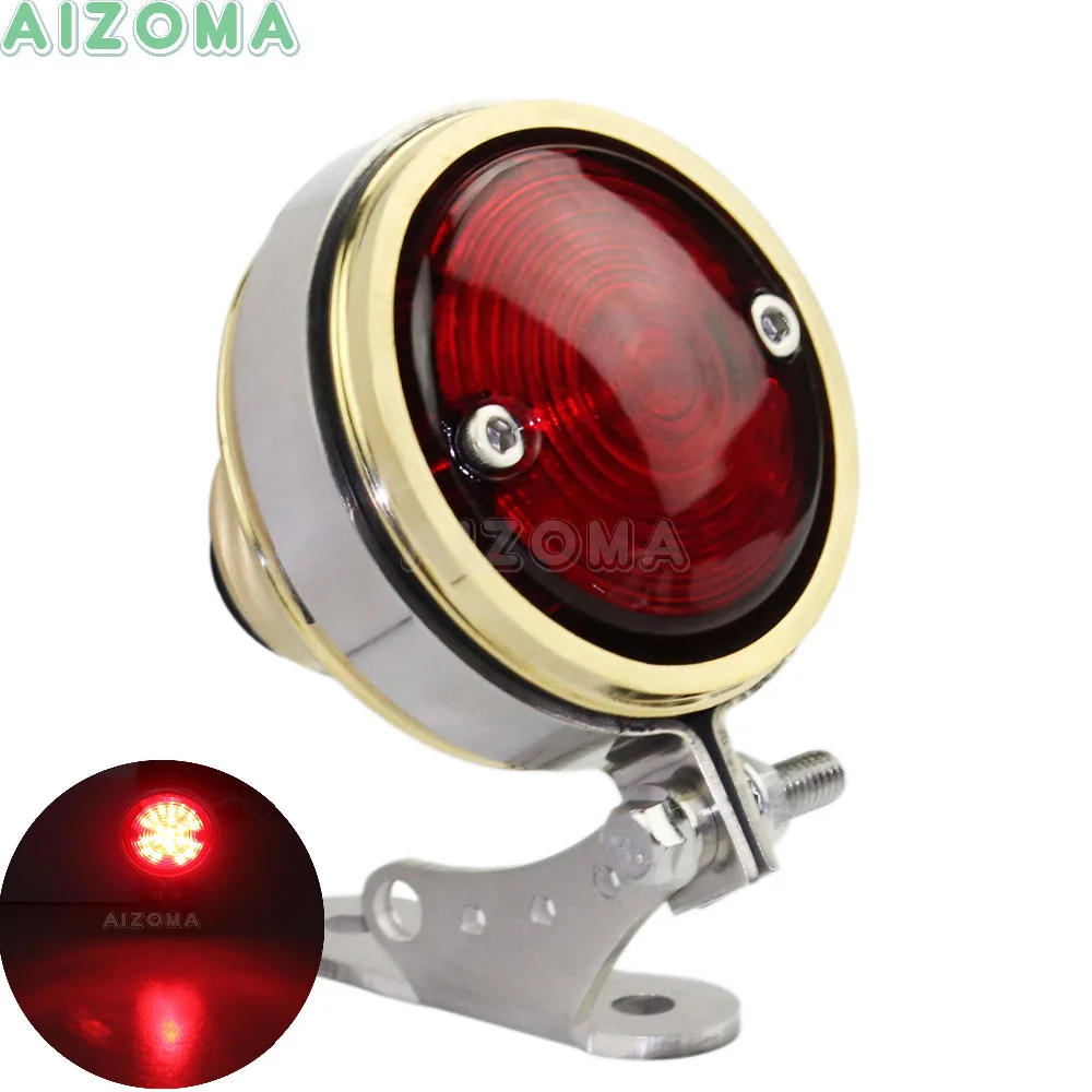 Brass Led Red Lens Brake Taillight Motorcycle Rear Stop Light W/mini