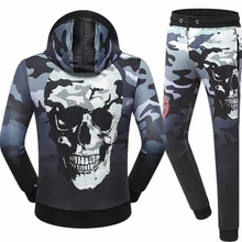 ECTIC Men casual sports suit Skeleton printing Rhinestone decoration sportman fashion set hoodie/pants 100% cotton M-XXXL