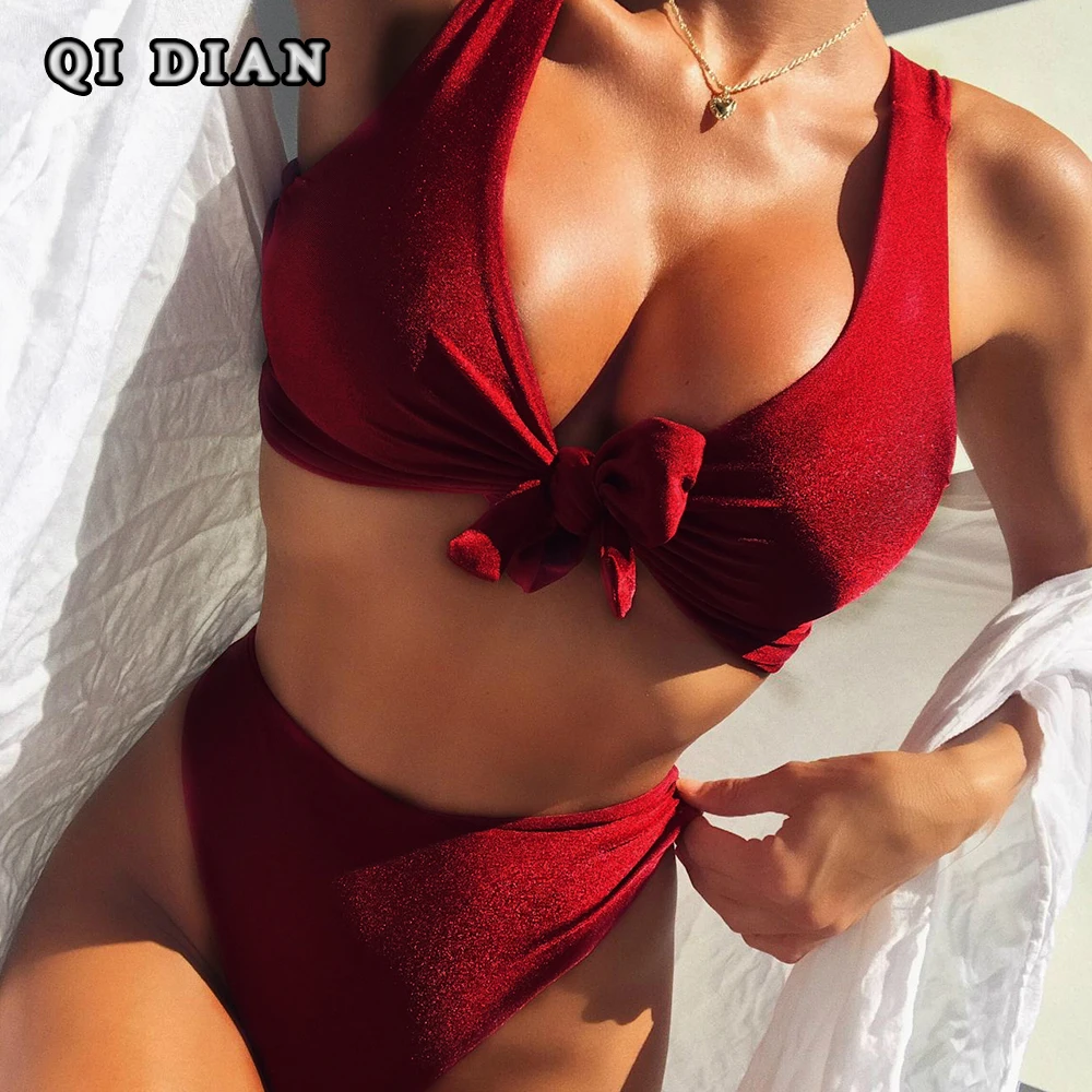 

QI DIAN Women Bikinis Push Up Bikini Set Swimwear Knotted Scoop Neck Female Swimsuit Biquini Brazilian Beach Bathing Suit QD210