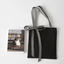 YILE хлопковая холщовая черная эко хозяйственная сумка через плечо с ремешком в клетку с бантом ZT