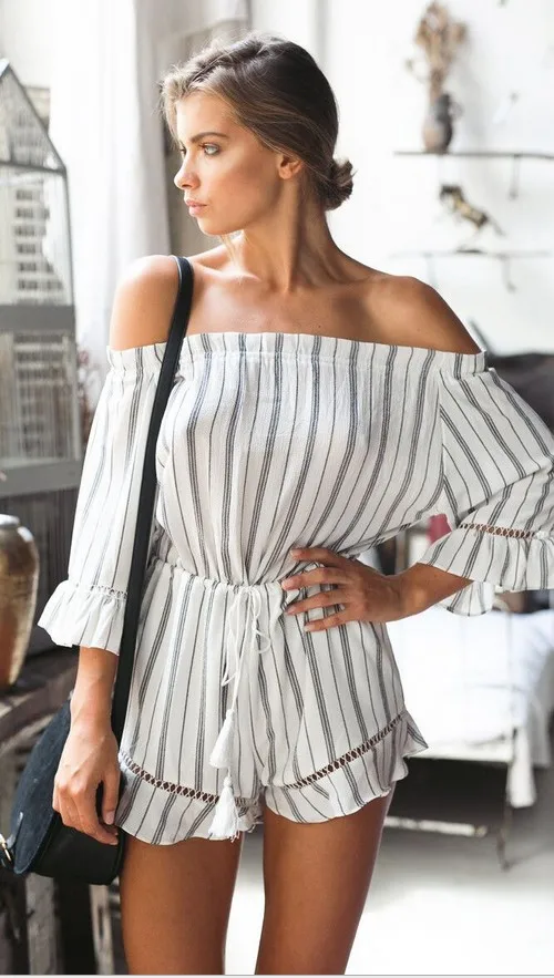 Free Shipping Summer Casual Stripe font b Jumpsuit b font Women Fashion Summer Stripe font b