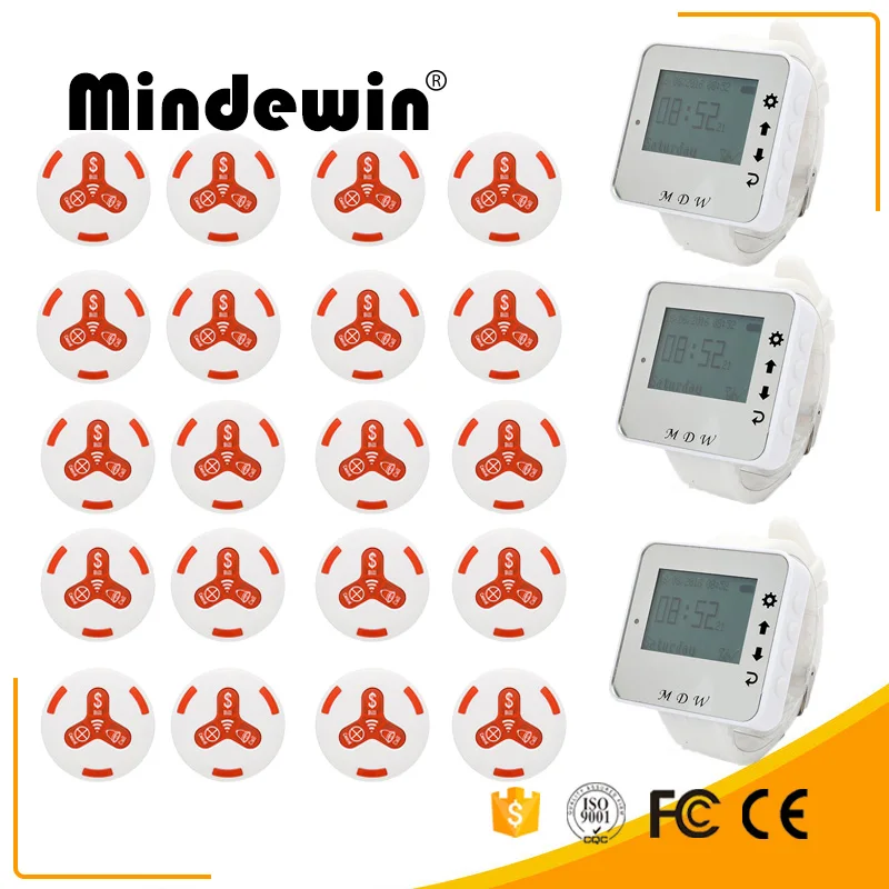

Mindewin 20 штук передатчик вызова buttonm-k-3 + 3 Часы приема m-w-1 ресторан пейджер Беспроводной вызова Системы питание оборудования