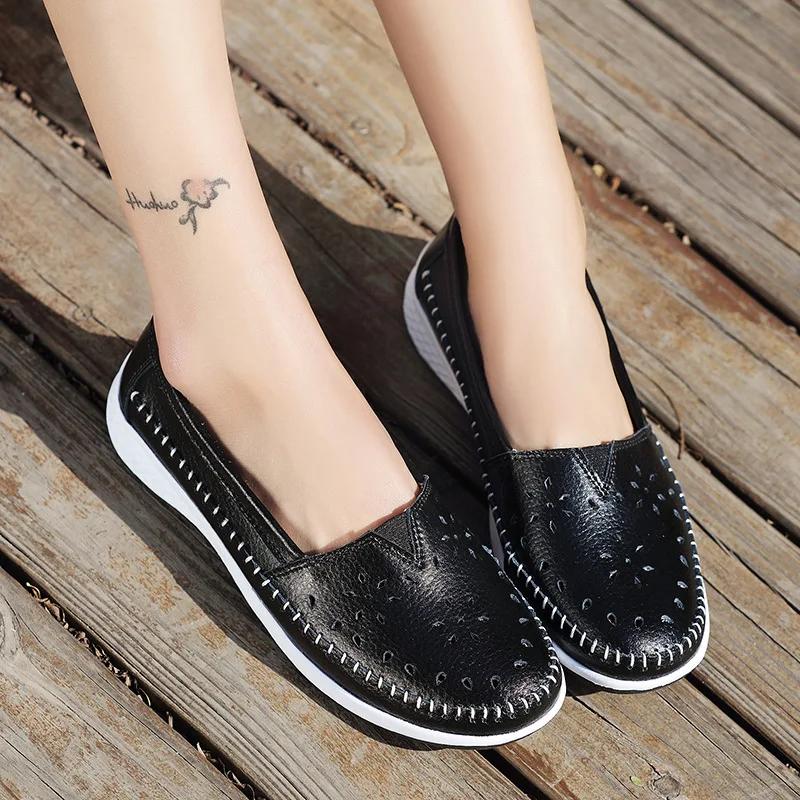 blanc Slip argent Mocassin Chaussures Casual Cuir Plat Appartements bleu Mocassins Trou Femme 2018 Main Dames Sur D'été Noir Femmes En WPzxAH8U