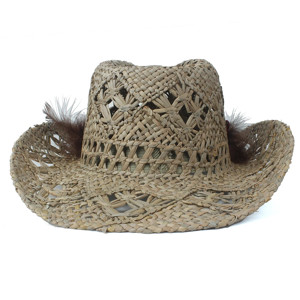 Женская Соломенная полая западная ковбойская шляпа женские ручной работы с павлином пером Sombrero Hombre Cowgirl Jazz солнцезащитные очки размер 56-58 см