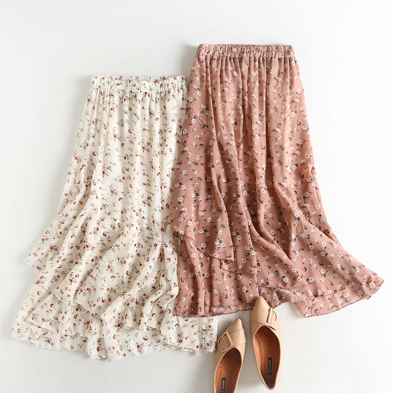 

Sweet Girl Asymmetrical Beige Long Skirt 2019 Women Summer Pink Floral Print Ruffles Skirts Female High Elastic Fairy Skirt ZA