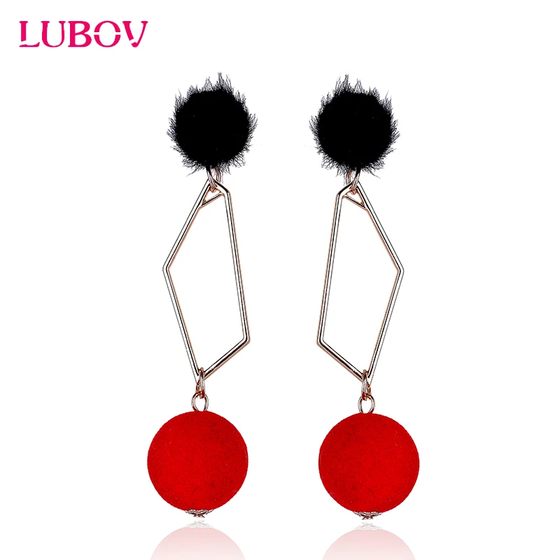 LUBOV Novelty Metal Frame Pom Pom Ball Drop Earrings Black Red Flush Fur Ball Dangle Earrings