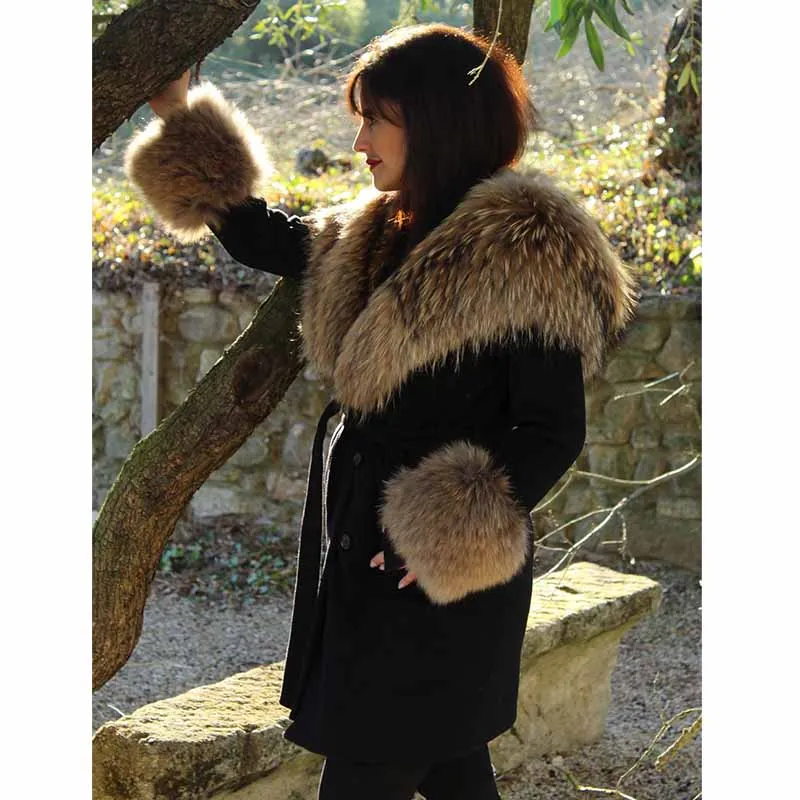 Tatyana Furclub натуральное меховое пальто Новая зимняя женская верхняя одежда с воротником из енота черная парка пальто Модные Повседневные меховые куртки