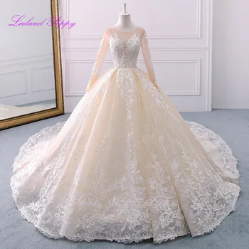 

Scoop Neck Long Sleeves Ball Gown Wedding Dresses 2019 High Waist Lace Appliques Chapel Train Vestido de novia Bridal Gowns