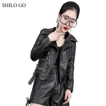 

SHILO GO Leather Jacket Womens Spring Fashion sheepskin genuine leather coat lapel collar front star rivet pocket concise coat