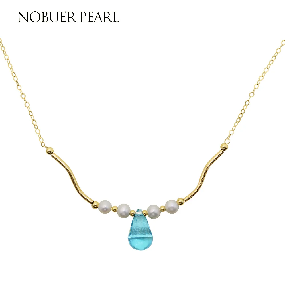 

Nobuer Light Blue Water Drop 14KGF Pearl link Chain Pendants Necklace Jewelry With White Near Round Pearl Choker To A Party