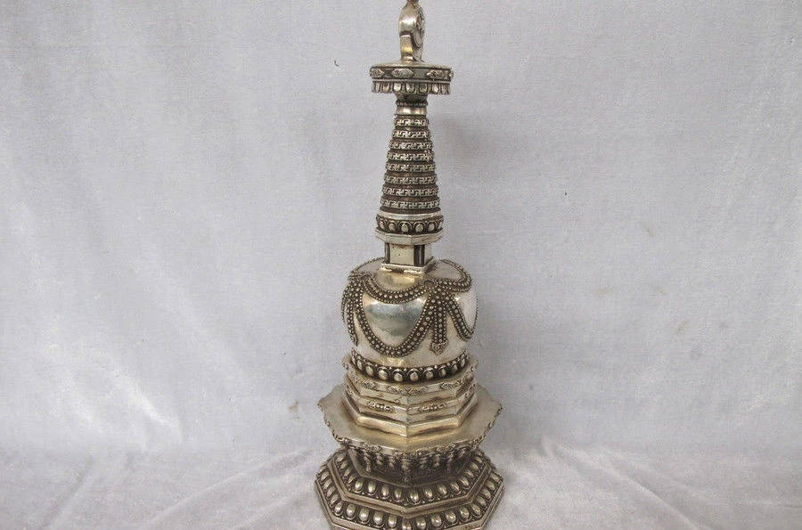 14&quotTibet Silver carved Buddhism Classic Temple Pagoda Stupa statue | Дом и сад