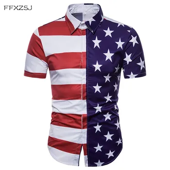 

American Flag Print Shirt Men 2018 Brand New Slim Fit Short Sleeve Chemise Homme Casual Striped Shirt Camisa Social Masculina