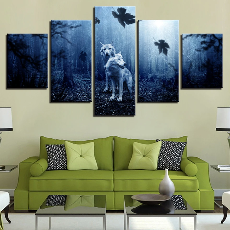 

HD Print Modern Canvas Pictures Frame Modular 5 Pieces White Wolf Couple Forest Night Scene Paintings Decor Living Room Wall Art