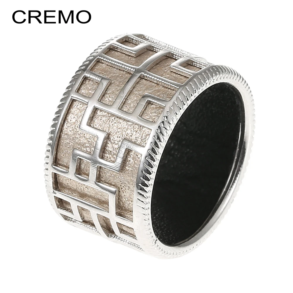 

Cremo Labyrinth Rings For Women Wide 12MM Bague Argent Hollow Interchangeable Leather Finger Rings Bijoux Femme Wedding Jewelry