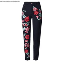 Евро Винтаж 3D Роза вышивка черные джинсы для женщин Свободные Straigh штаны с высокой талией плюс размеры одежда pantalones para mujer 2567