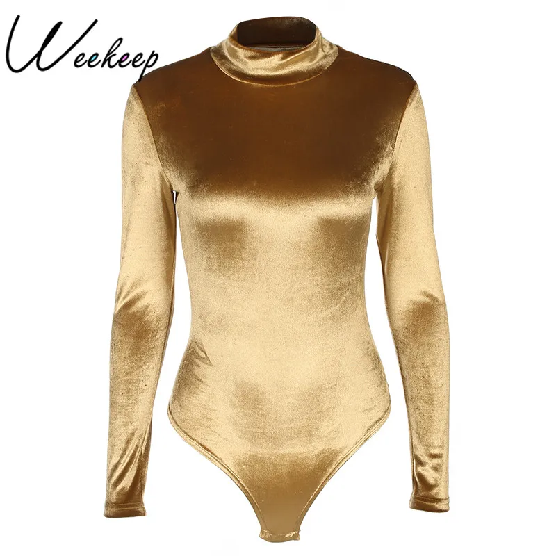 Weekeep Velvet Solid Romper Basic Winter Warm Bodysuit Bodycon Casual