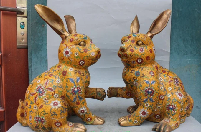 

xd 001413 17" Marked Cloisonne Enamel 24K Gold Gilt Zodiac Animal rabbit hare Pair Statue