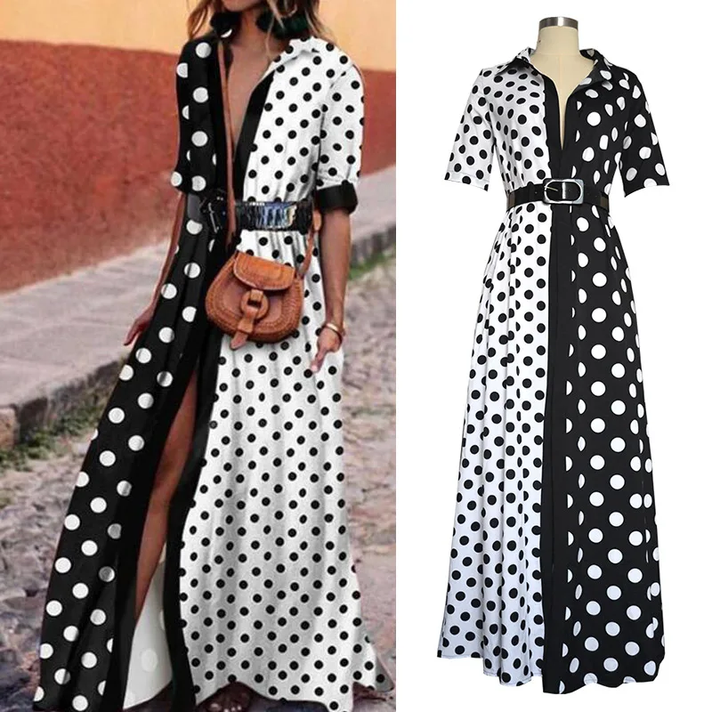 

Women Lady Dot Stripe V-neck Long Maxi Dress for Summer Beach Party Holiday QL Sale