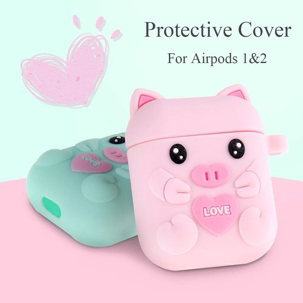 

1pc Cute Pig Silicone Bluetooth Wireless Earphone Case with Hooks Fashion Protective Cover for Apple Airpods 1/2 Charging Box