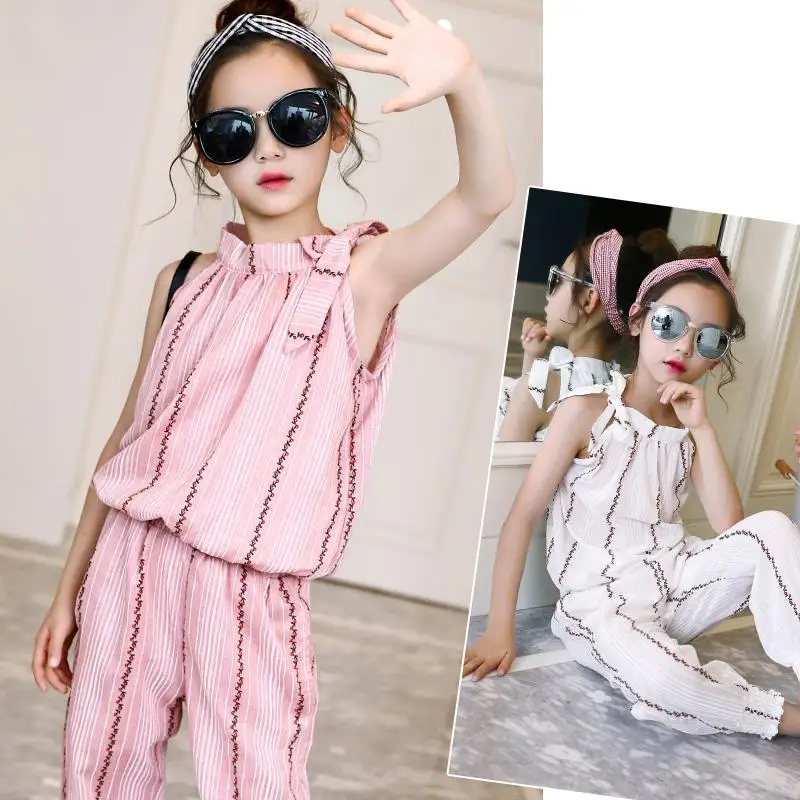 Kids Girls Clothing Set Summer 2018 Cotton Sleeveless Striped T-shirts + Pants Set 2 Pcs Sets Girls Clothes Suits 6 8 10 12 14 T Kids Girls Clothing Set Summer 2018 Cotton Sleeveless Striped T-shirts + Pants Set 2 Pcs Sets Girls Clothes Suits 6 8 10 12 14 T