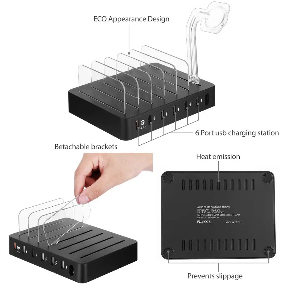 Мульти устройство зарядная станция с QC 3,0 Quick Charge, 6-Порты и разъёмы USB док-станция для зарядки с стенд для часов