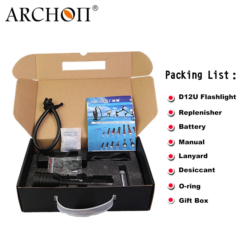 ARCHON D12U 1200lm Дайвинг освещение фонарик 18650 литий ионный аккумулятор выносливость 240