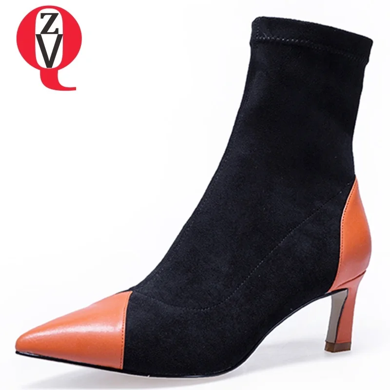 

ZVQ winter newest fashion sexy pointed toe mixed colors stretch fabric women shoes high thin heels slip-on party mid calf boots