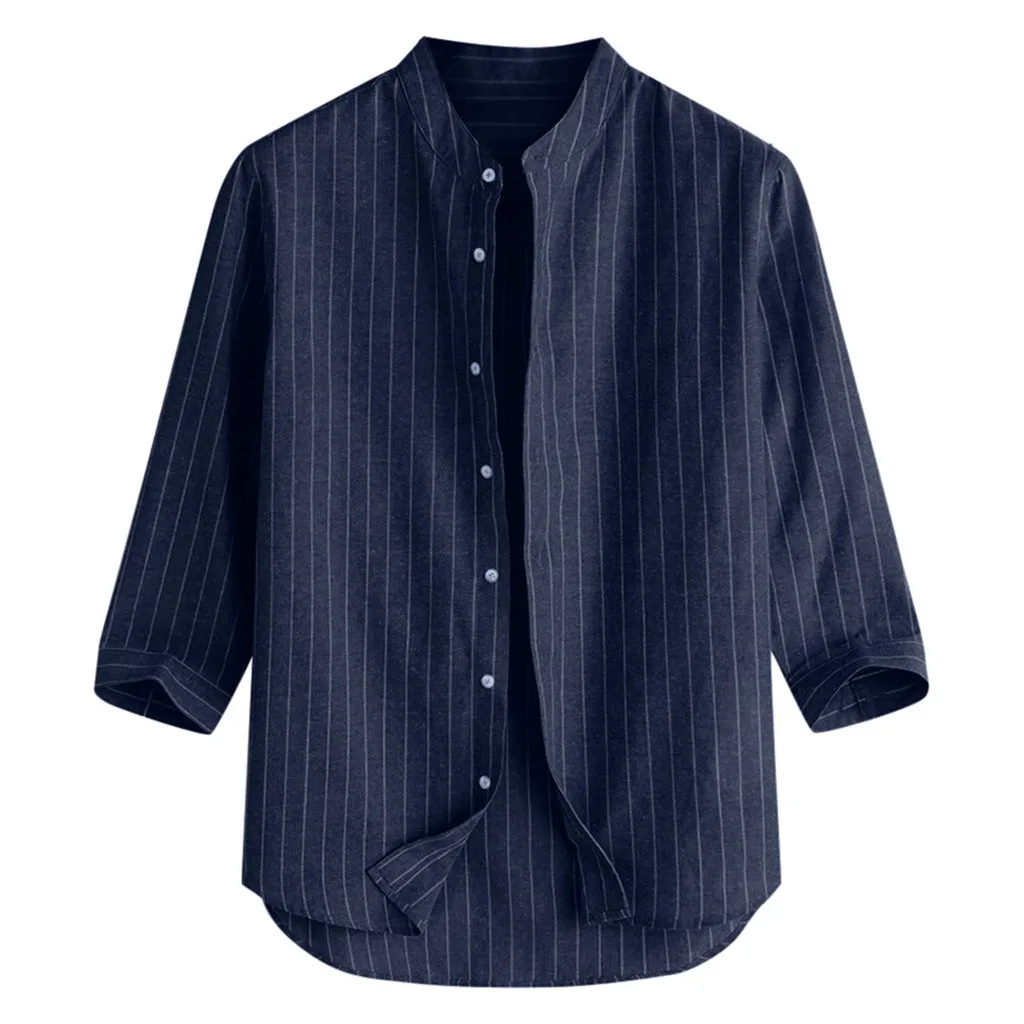 

Summer men's casual striped stand collar 7 points sleeve button cotton shirt Streetwear Top Men Summer Short Sleeves Shirts