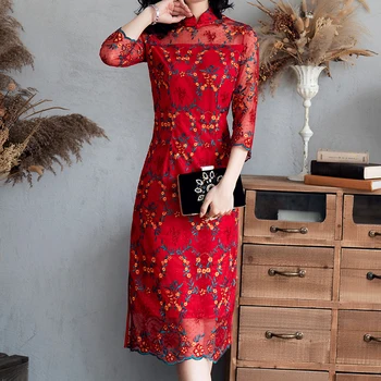 

2019 Dress Sexy Celebrity Mesh PrintEmbroidery Vintage Women Three Quarter Mandarin Collar Night Club Body con Dresses Wholesale