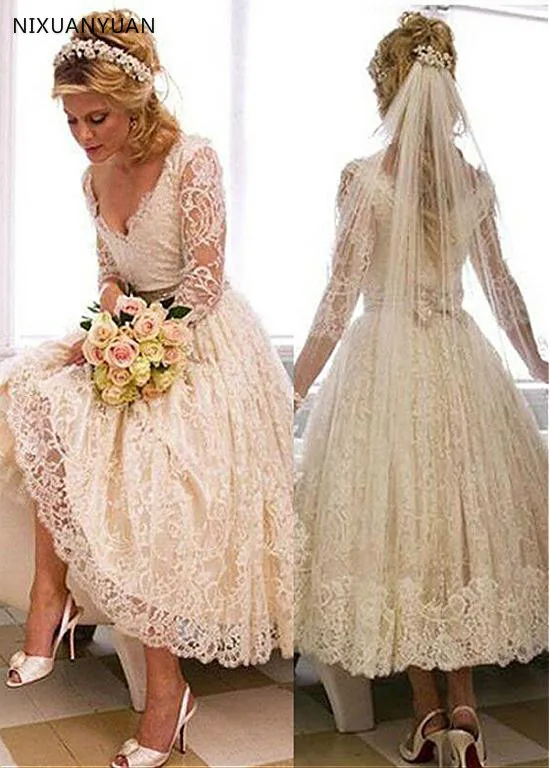 Кружевные платья Vestido De Noiva 2019 Свадебные платья а-силуэта с v-образным вырезом 3/4 рукава короткие Boho Beach Dubai арабское свадебное платье