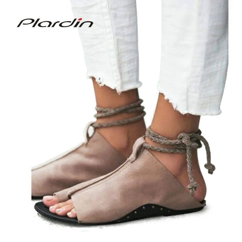 

Plardin New Summer Sandals Women Flats Ladies Shoes Woman Ankle Strap Wedding Chaussure Femme Lace Up Women Shoes Fashion Shoes