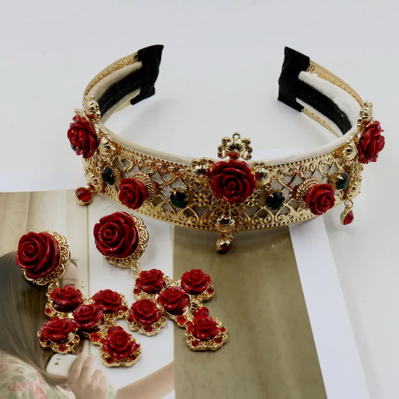 Բարոկկո գլխաշորեր Crown- ն ավելի լայն է, քան vintage մետաղական կարմիր խաչի ծաղկի ծաղկային tiara Հարսանյաց պարագաներ 735