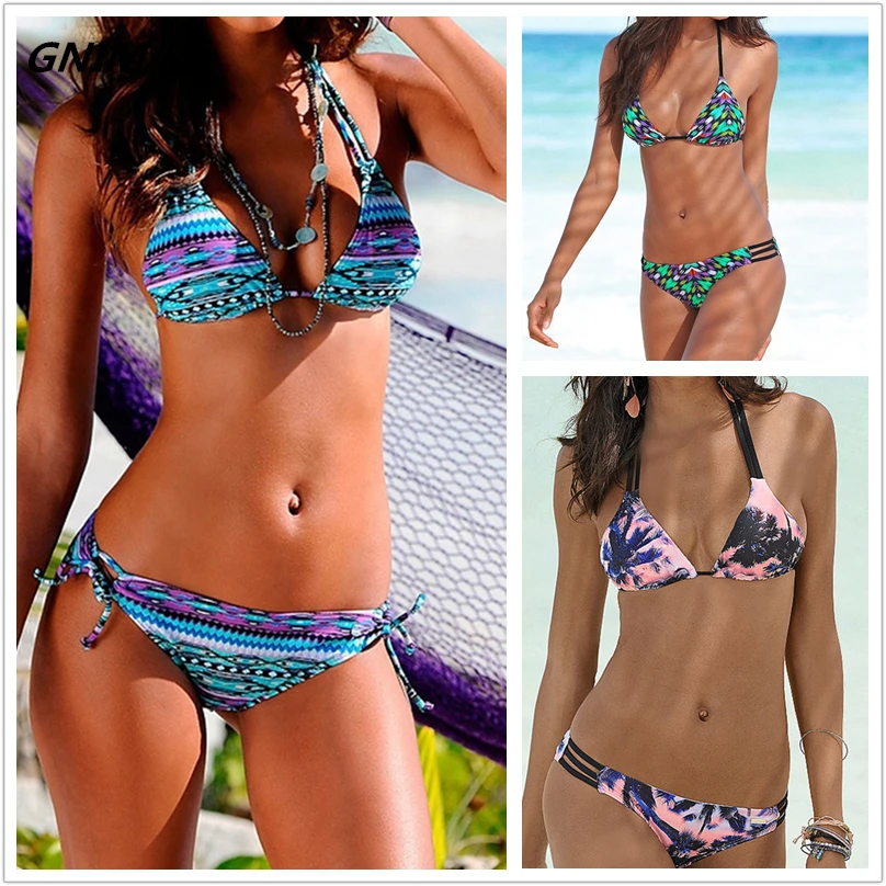 

GNIM HL Sexy Bandage Bikini Mujer 2019 Halter Print Swimsuit Women Two Pieces Beachwear Bathing Suit Brazilian Female Biquini